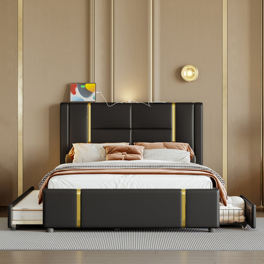 Queen Size Upholstered Bed with Trundle Bed and 2 Drawers,Modern Platform Bed with Gold Decoration, Night Light and USB Charger, Black