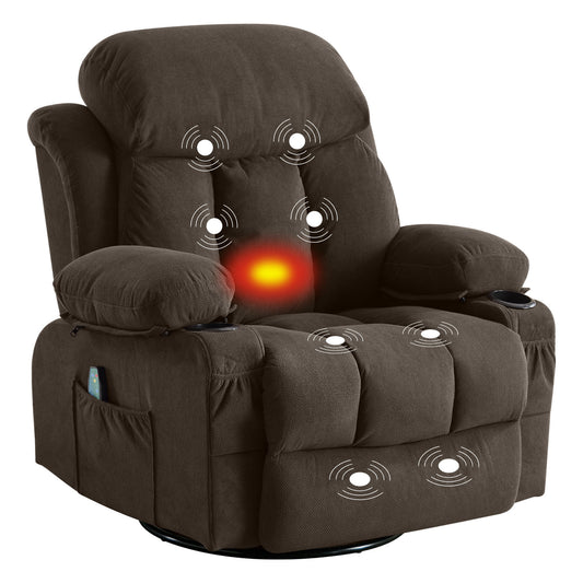 Swinging lounge chair massage heated sofa, with USB and 2 cup holders in side pockets, plastic material armrest, 360 degree rotating living room chair, packaging A+B (brown)