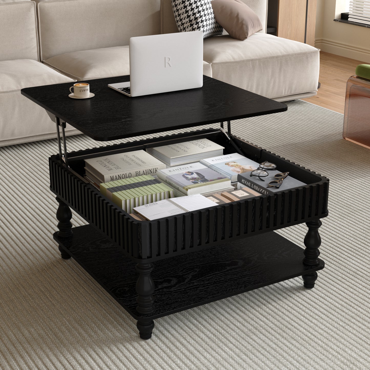 31.5 Inch Square Fluted Lift-Top Coffee Table with Hidden & Open Storage, Hydraulic Raising Mechanism, Retro Solid Wood Legs for Living Room, Sofa (Black)