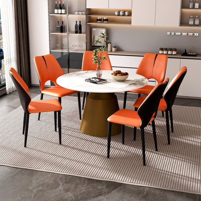 53' Marble Round Dining Table, Sintered Stone Round Dining Table with Stainless Steel Cone Base, Dining Table for Kitchen Dining Room for 4-6 people-Bronzed Base with 6 Chiars