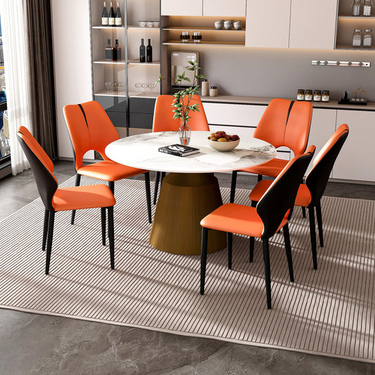 53' Marble Round Dining Table, Sintered Stone Round Dining Table with Stainless Steel Cone Base, Dining Table for Kitchen Dining Room for 4-6 people-Bronzed Base with 6 Chiars