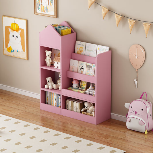 Pink Kids Wooden Bookshelf Toy Storage Organizer with Bookcase, Kid's Bin Storage Unit with 6 Compartments 2 Baskets Bins Toys Box Organizer, Children Multi Shelf Cubby for Books, Toys Shelf