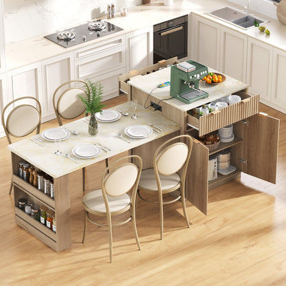 K&K 82.6' Fluted Kitchen Island with Extendable Dining Table for 4-6, Island Table for Kitchen with Power Outlet, Kitchen Table with Double-Side Storage, 2 Drawers 2 Side Open Shelves, Natural