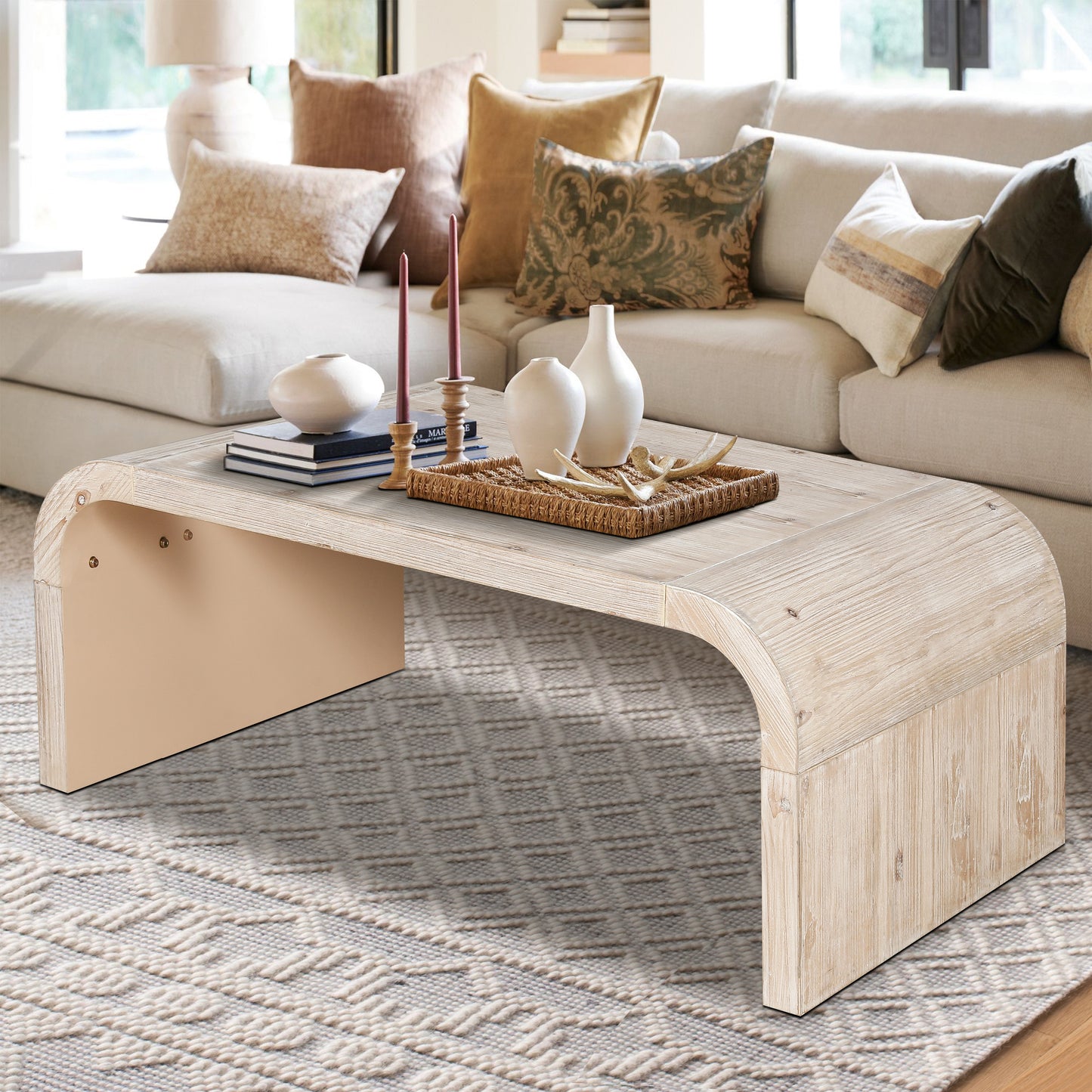 Farmhouse Vintage Crafts Coffee Table,Curved Art Deco Design, Easy Assembly, 48' W x 24' D x 18'(Natural Wood Washed)