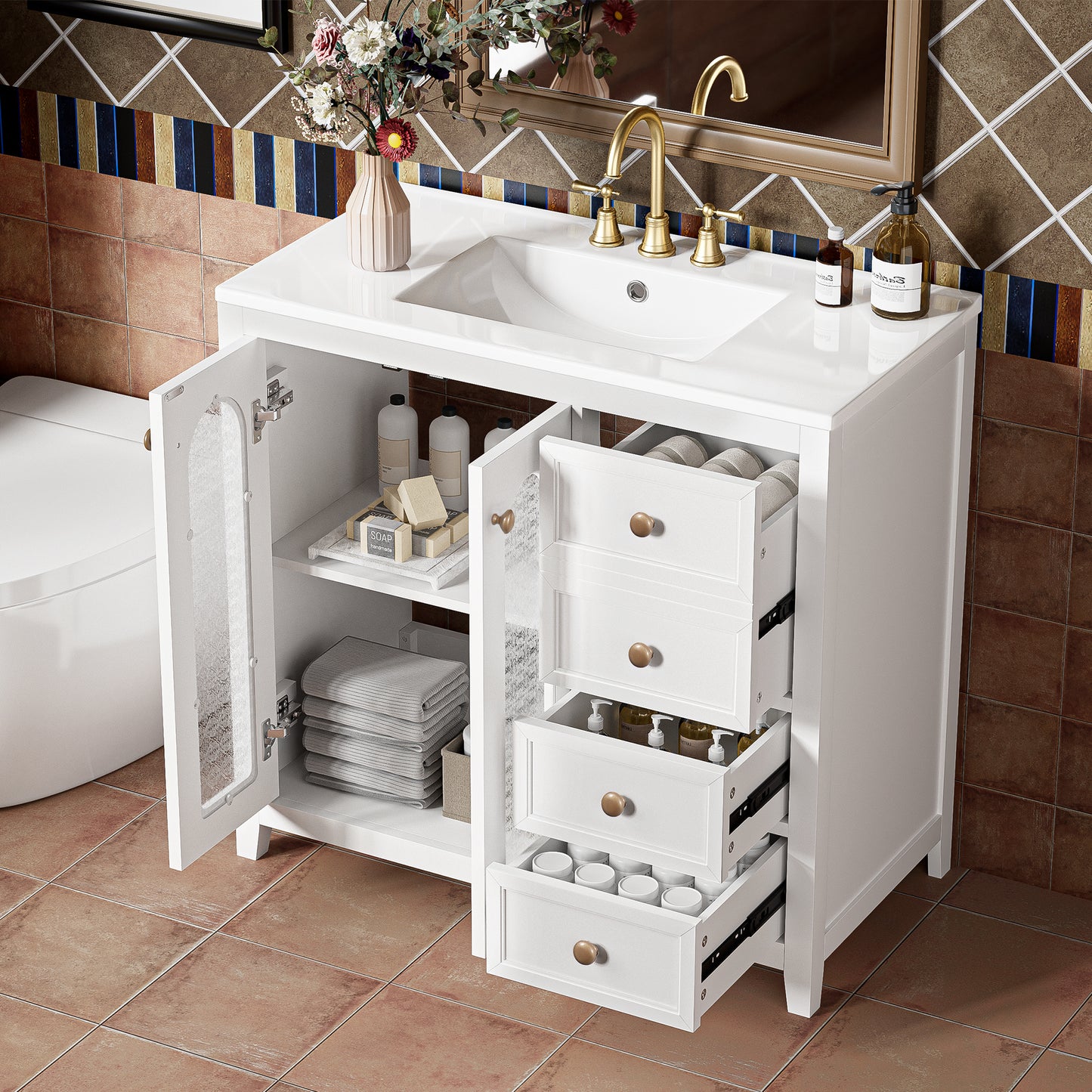 36.02-inch bathroom vanity with two soft-close doors, adjustable shelves and three drawers