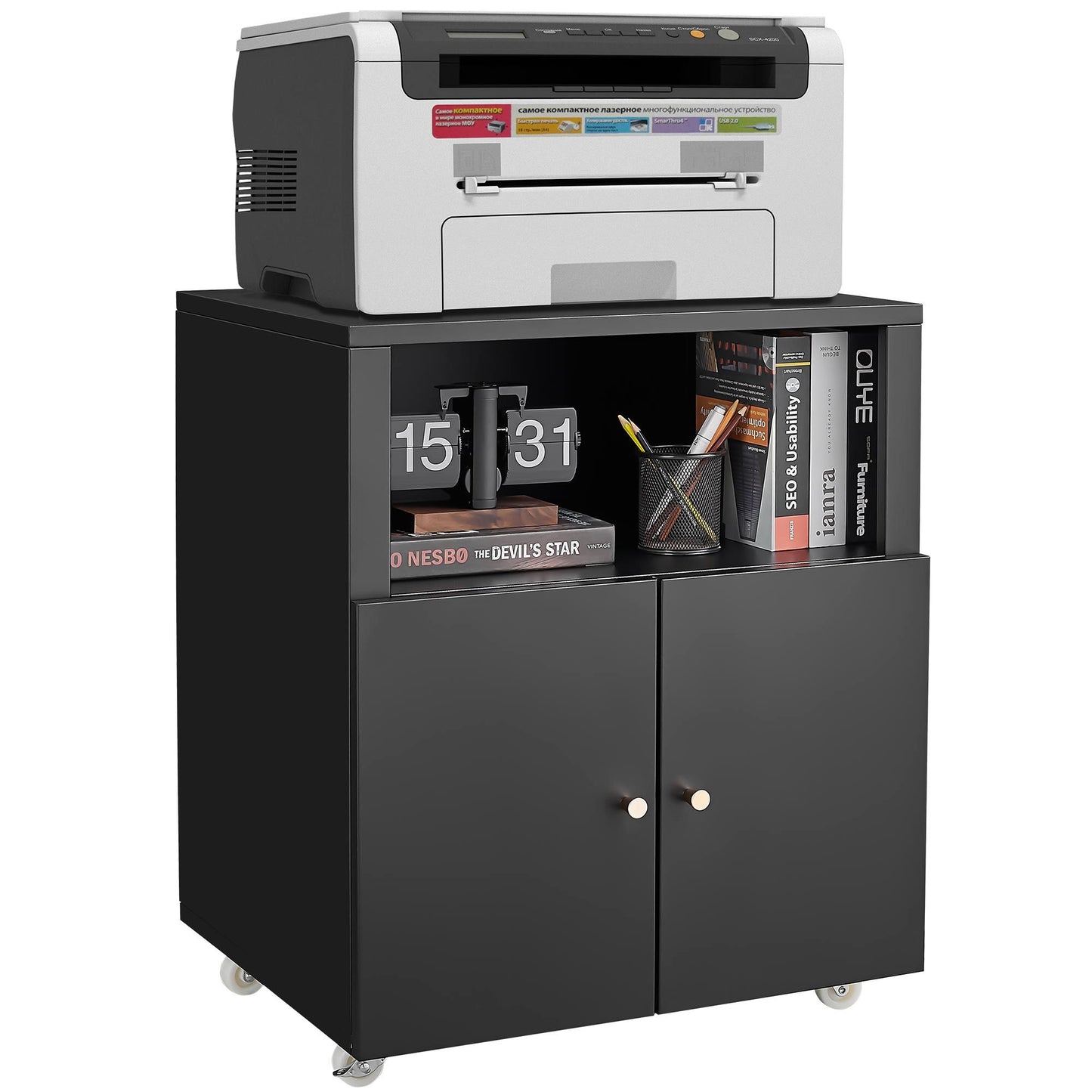 Home Office Printer Stand with Wheels, Printer Tables with File door  Mobile Lateral Filing Cabinet with Open Storage Shelf for Letter/Legal/A4 Size Files,