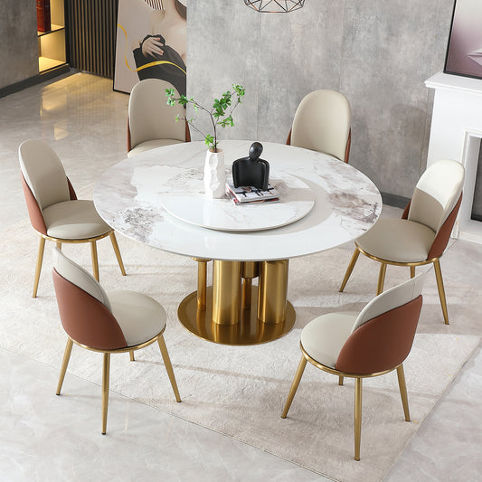 Modern Marble Dining Table, 59' Round Sintered Stone Table for Dining Room, Kitchen, Dinette, Compact Space With Lazy Susan(6 chairs)