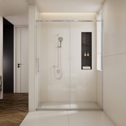 56-60'W x74'H Semi-Frame Single Sliding Shower Door,304 Stainless Steelin Polished Chrome finish,5/16' (8mm) Thick SGCC Tempered Clear Glass,Type C Wrapped Guide Rail Anti-derailment Pulley
