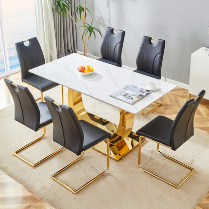 Table and chair set.63x31.5-inch Sintered Stone Table.Paired with 6 Uniquely designed black dining chairs with Golden Metal Leg.Modern Snow Mountain Stone White Design TableTop,Golden metal legs.