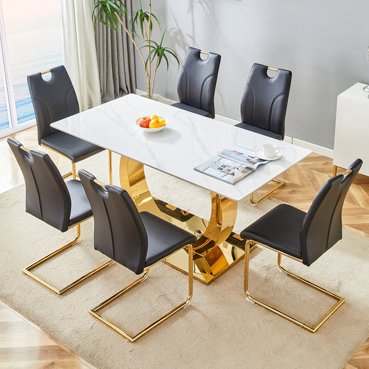 Table and chair set.63x31.5-inch Sintered Stone Table.Paired with 6 Uniquely designed black dining chairs with Golden Metal Leg.Modern Snow Mountain Stone White Design TableTop,Golden metal legs.