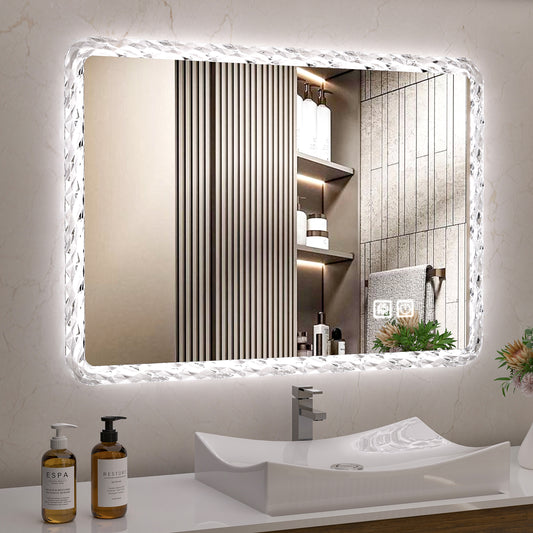 38.5X25 Inches Bathroom Mirror with LED Lights, Smart Mirror with Anti-Fog and Adjustable Brightness Function, Wall Mount Makeup Mirror with Crystal Acrylic Frame
