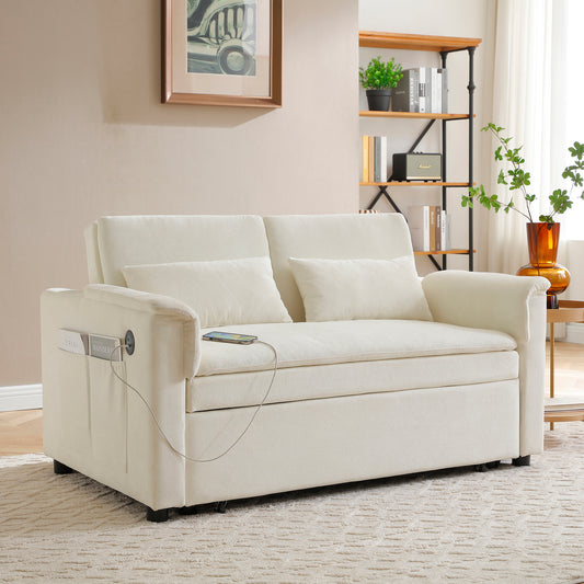 55' Velvet Two Seater Pull Out Sofa Bed, Adjustable Backrest With  USB Ports, Two Side Pockets, 3 in 1 Convertible Sleeper Sofa Bed, Modern Love Seat Lounge,2 waist pillows for living rooms,BEIGE
