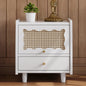 Wooden Nightstand with Rattan-Woven Storage Cabinet and 1 Drawer, Exquisite Elegance with Natural Storage Solutions for Bedroom, White