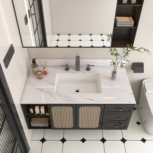 43 Inch Marble Vanity Top, White Vanity Top with 3 Pre-drilled Faucet Holes, Bathroom Vanity Top with Undermount Rectangular Middle Sink and 4' Height Backsplash,  Bianco Carrara Venato