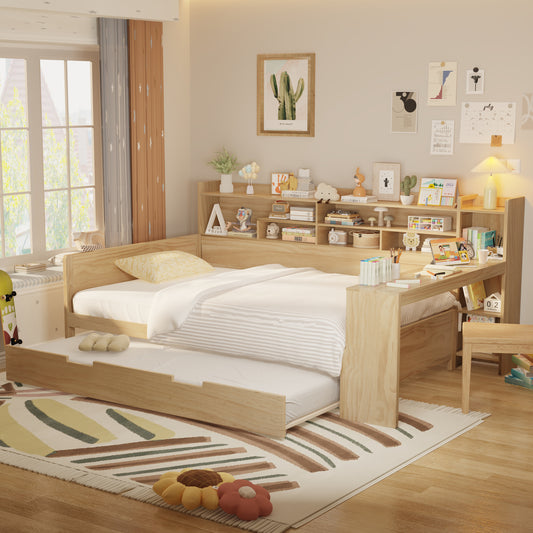 Wooden Full Size Daybed with Storage Shelves, Multi-functional Bed with Twin Size Trundle Bed and  Study Desk, Natural