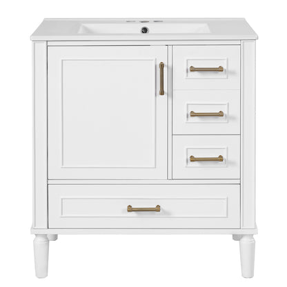 Modern Bathroom Vanity with Ceramic Sink, Soft-Close Door, Built-in Shelf, and Multiple Drawers, White Finish, Solid Wood & MDF, 30 Inches