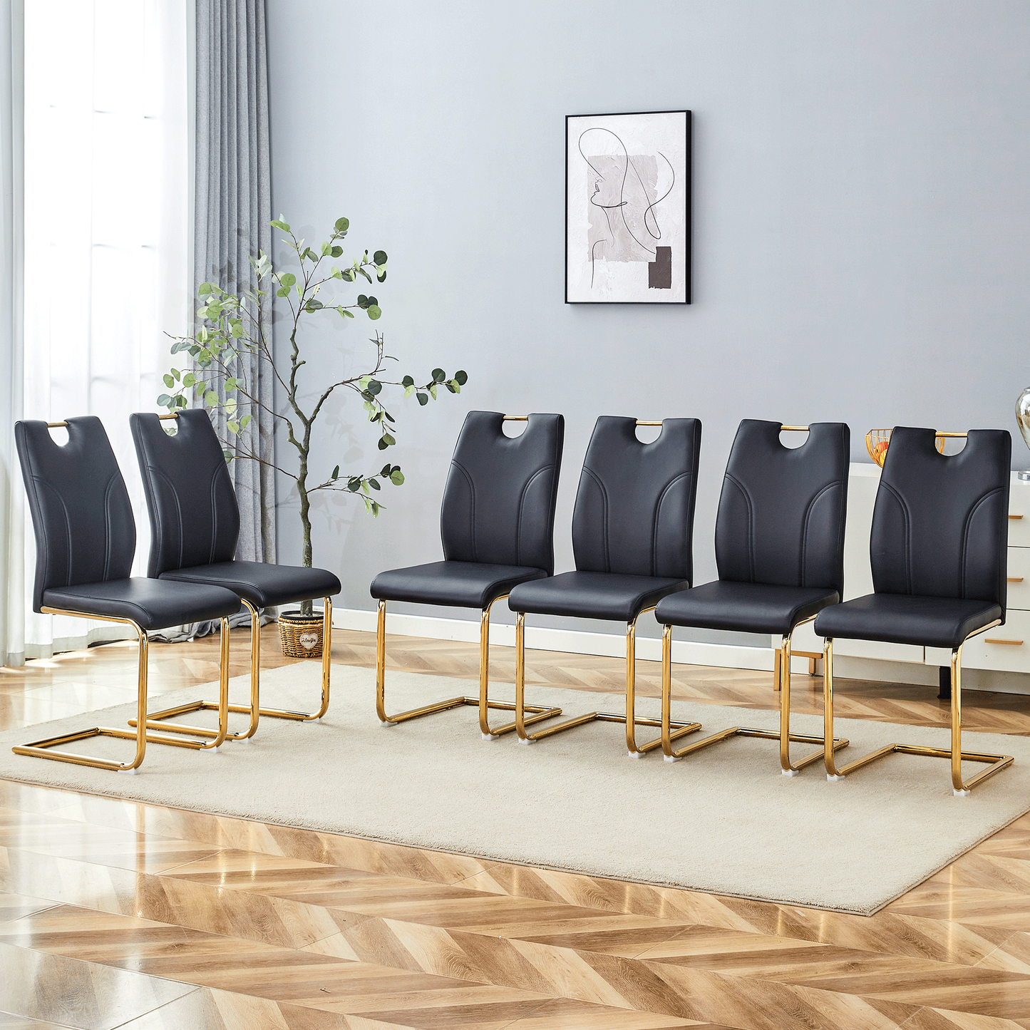 Black PU Dining Chair Set.Uniquely designed black dining chairs. PU material, paired with gold metal chair legs. Suitable for offices, restaurants, kitchens, conference rooms, etc.(Set of 6)