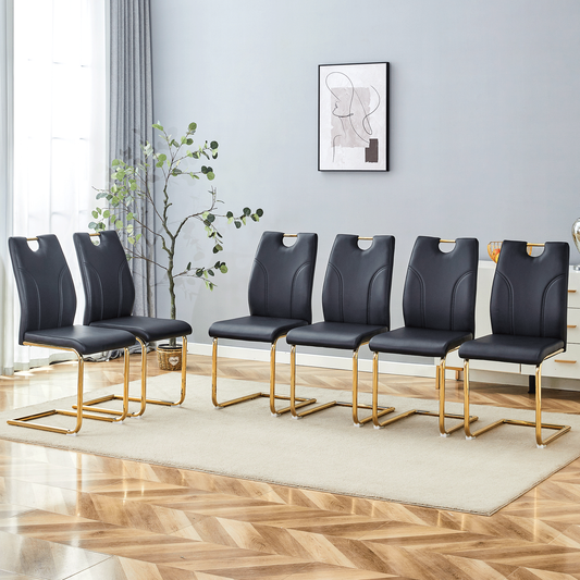 Black PU Dining Chair Set.Uniquely designed black dining chairs. PU material, paired with gold metal chair legs. Suitable for offices, restaurants, kitchens, conference rooms, etc.(Set of 6)
