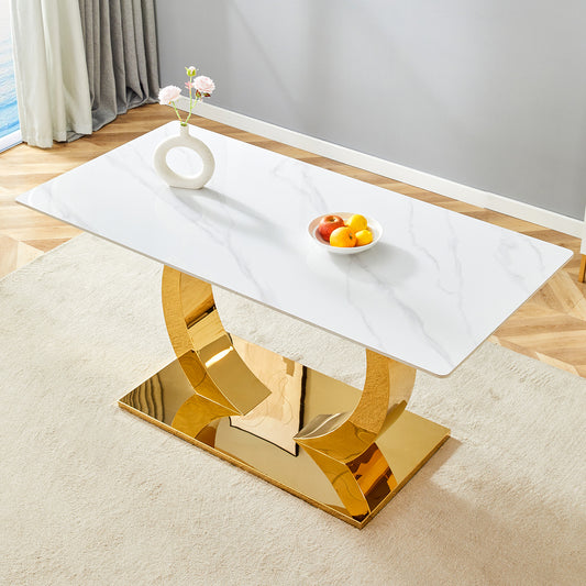 63 x 31.5 x 30-inch Sintered Stone Dining Table - A Perfect Blend of Durability and Elegance.Rock slab desktop,Modern Snow Mountain Stone White Texture Top,Golden stainless steel metal table legs.