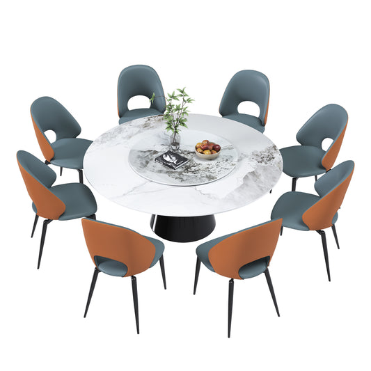 59' Marble Round Dining Table, Sintered Stone Round Dining Table with Stainless Steel Cone Base, Sturdy Dining Table for Kitchen Dining Room for 4-6 people (with 8 Gray Chairs)