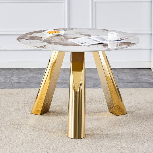 A 42-inch stainless steel white pattern burning stone round table with gold legs Round table suitable for 2, 4 or 6 people