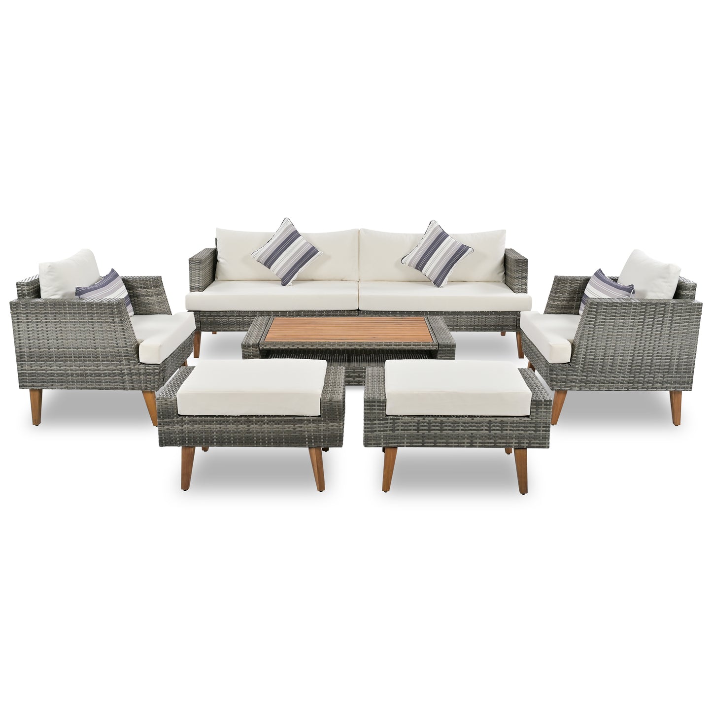 GO 6-Pieces All Weather PE Wicker Sofa Set with Double Cushions, Wood Legs, Beige and Gray