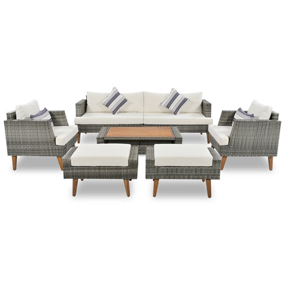 GO 6-Pieces All Weather PE Wicker Sofa Set with Double Cushions, Wood Legs, Beige and Gray