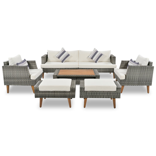 GO 6-Pieces All Weather PE Wicker Sofa Set with Double Cushions, Wood Legs, Beige and Gray