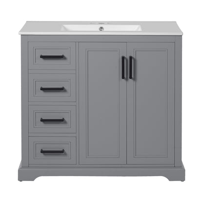 36' Modern Bathroom Vanity with Ceramic Sink, Soft-Close Doors, Adjustable Shelf & 3 Drawers in Gray Finish, Solid Wood and MDF Construction