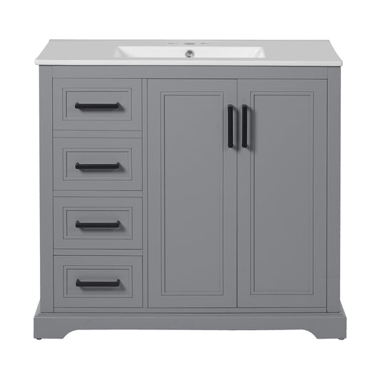 36' Modern Bathroom Vanity with Ceramic Sink, Soft-Close Doors, Adjustable Shelf & 3 Drawers in Gray Finish, Solid Wood and MDF Construction