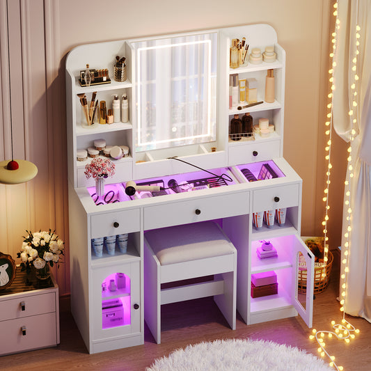 43.2' Vanity Desk with LED Mirror and Lights, Glass Top Vanity with RGB Glass Light Cabinets, Dressing Table with 5 Drawers ,Storage Shelves and Stool for Bedroom, White