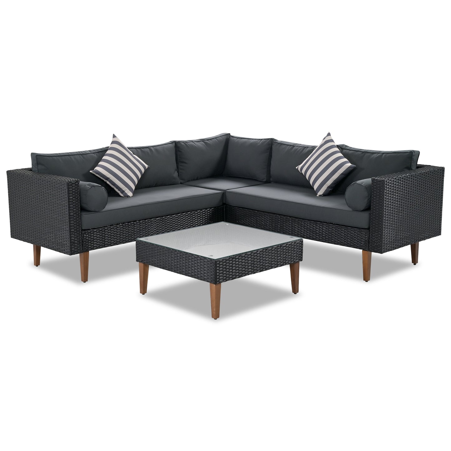 4-Pieces L-shape Outdoor Wicker Sofa Set with Colorful Pillows