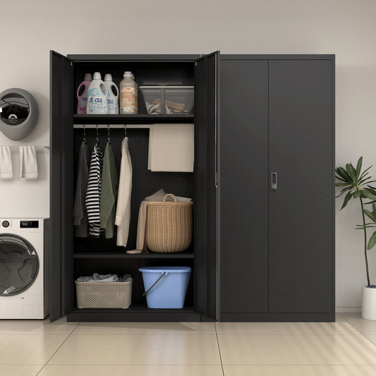 Metal Armoire Wardrobe Cabinets,70' Black Locker Steel Wardrobe Bedroom Storage Cabinet with Doors and Hanging Rod, Clothes Closet for Home, Office and Bedroom, School,Gym