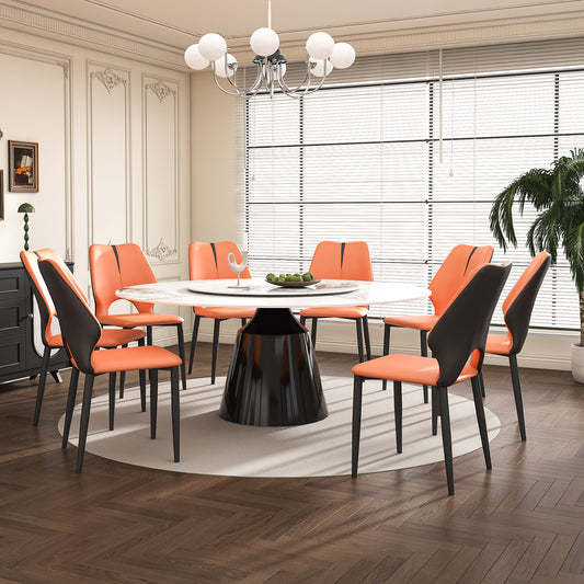 59' Marble Round Dining Table, Sintered Stone Round Dining Table with Stainless Steel Cone Base, Sturdy Dining Table for Kitchen Dining Room for 4-6 people (with 8 Orange Chairs)