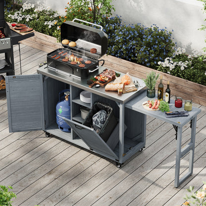 K&K 78.3' Outdoor Kitchen Island with Foldable Grill Table, Wooden Outdoor Grill Cart with Trash Can Storage & Stainless Steel Top, Outdoor Bar Cart, Pizza Oven Table for Lawn & Garden, Grey Blue