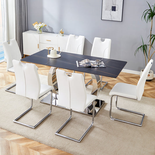 Table and chair set.63x31.5-inch Sintered Stone Dining Table.Paired with 6 Uniquely designed white dining chairs with Silver Metal Leg.Black Texture Design Tabletop,Silver stainless steel table leg.