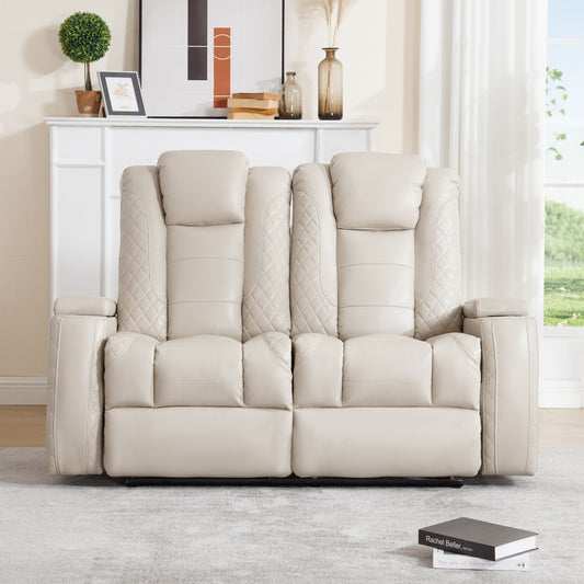 Electric Double Home Theater Seating PU Leather Power Loveseat Recliner with Hidden Arm Storage,Cup Holders,USB Ports,(Row of 2,Beige)