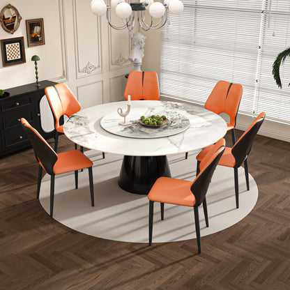 59' Marble Round Dining Table, Sintered Stone Round Dining Table with Stainless Steel Cone Base, Sturdy Dining Table for Kitchen Dining Room for 4-6 people (with 6 Orange Chairs)