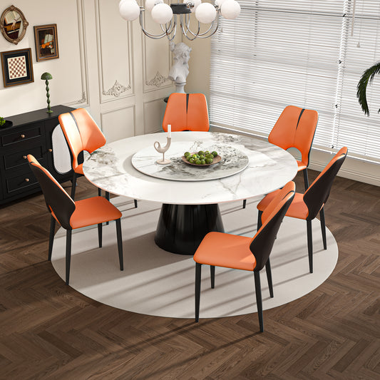 59' Marble Round Dining Table, Sintered Stone Round Dining Table with Stainless Steel Cone Base, Sturdy Dining Table for Kitchen Dining Room for 4-6 people (with 6 Orange Chairs)