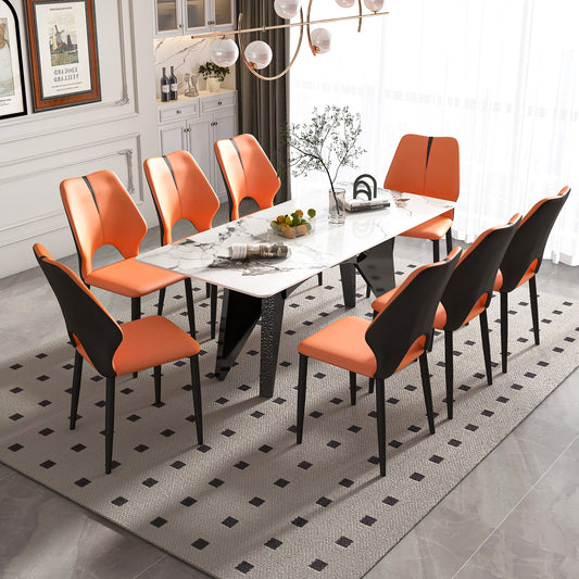 Marble Dining Table for 6-8, 79' Modern Luxury Dining Room Table for Kitchen, Carrara Gold Rectangular Table with Horse Stainless Steel Base for 6-8 People with 8 Chairs