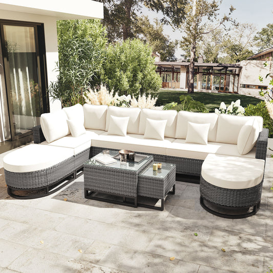 GO 7 Pieces Large Size Outdoor Wicker Sofa Set, Rattan Conservation Sectional Free Combination, Patio Furniture with 2 Coffee Table and Pillows for Garden and Deck, Beige