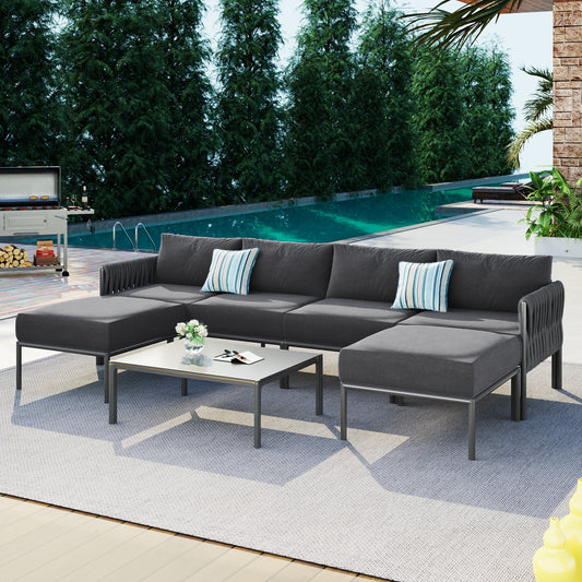 GO 6-Pieces Aluminum Patio Furniture Set, Modern Metal Outdoor Conversation Set Sectional Sofa With Removable Olefin Extra Thick Cushions 5.9' Cushion, Grey