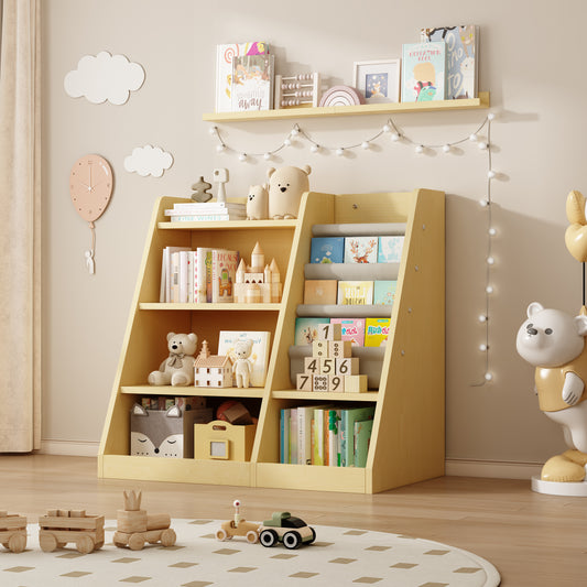 Wooden Toy Storage Organizer Cabinet Natural/ Wood Kids Bookshelf  Children Bookcase Toddler Baby Sling Book Rack Shelf for Playroom Bedroom Nursery Hallway School Kindergarten Living room