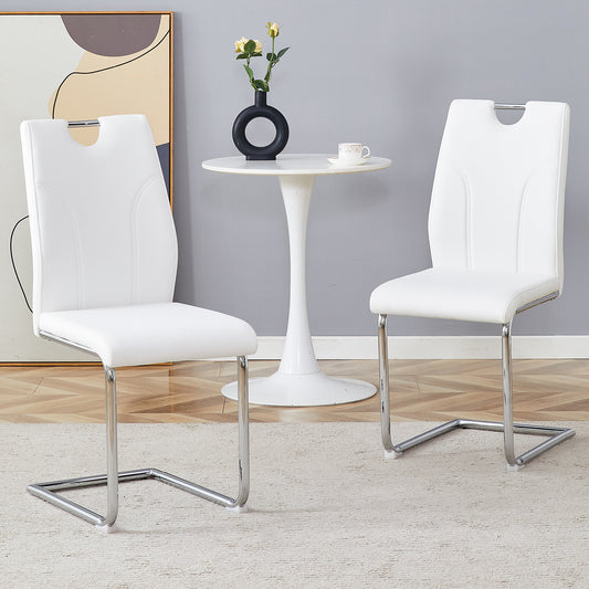 White PU Dining Chair Set.Uniquely designed white dining chairs. PU material, paired with silver metal chair legs. Suitable for offices, restaurants, kitchens, conference rooms, etc.(Set of 2)