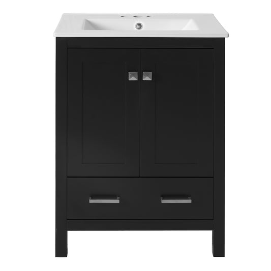 48-Inch Black Bathroom Vanity with Integrated Undermount Ceramic Sinks, Soft-Close Doors, Divided Drawer, and Double-Layer Door Shelf in Solid Wood+MDF Frame