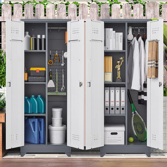 Metal Storage Cabinets, Cleaning Tool Cabinet with Locking Door, Tall Broom Tool Organizer and Storage, Large Storage Cabinet for Kitchen, Pantry, Office, Shop