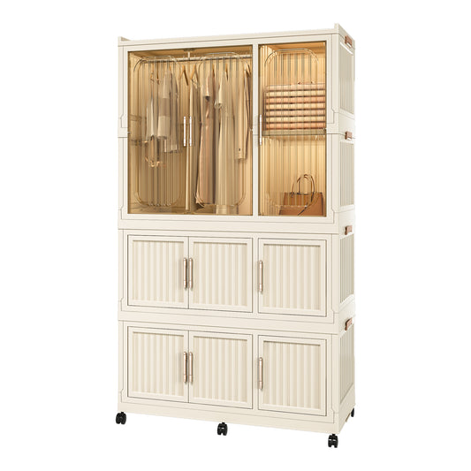 Portable Wardrobe Closet Storage Organizer for Clothes,Clothes Dresser,9 Magnetic Doors-9 Cubes & 1 Hanging Rod,6 pcs hangers , Baby Wardrobe Storage Cabinet,White