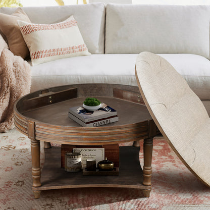 Large Round WaterProof Ottoman Coffee Table 2 Tier Oversized Button Tufted Ottoman with Wooden Shelf Storage Farmhouse Upholstered Coffee Table Living Room Footstool Ottoman Linen(Beige White)