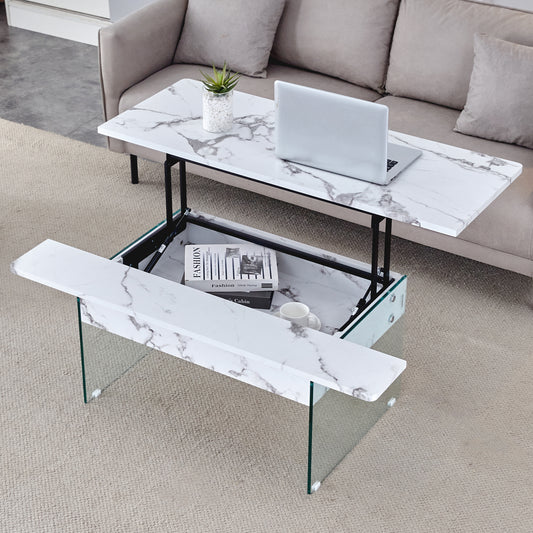 Multifunctional Lift Top Coffee Table -White Marble Pattern, Essential for Modern Homes.Tempered Glass Legs,Multiple Color Options,Lift Top Feature.Perfectly Fitting Into Both Living Rooms And Office.