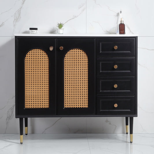36' Bathroom Vanity with Ceramic Basin, Rattan Bathroom Storage Cabinet with Two Doors and Drawer